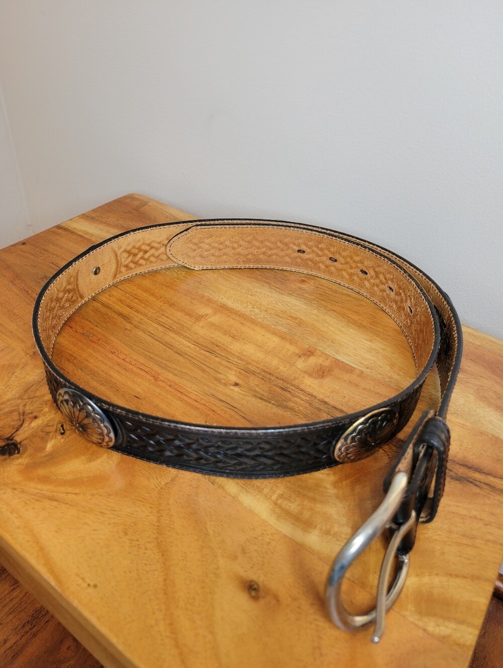 Justin Western Leather Basket Weace Tooling Black Belt, Size Mens 36